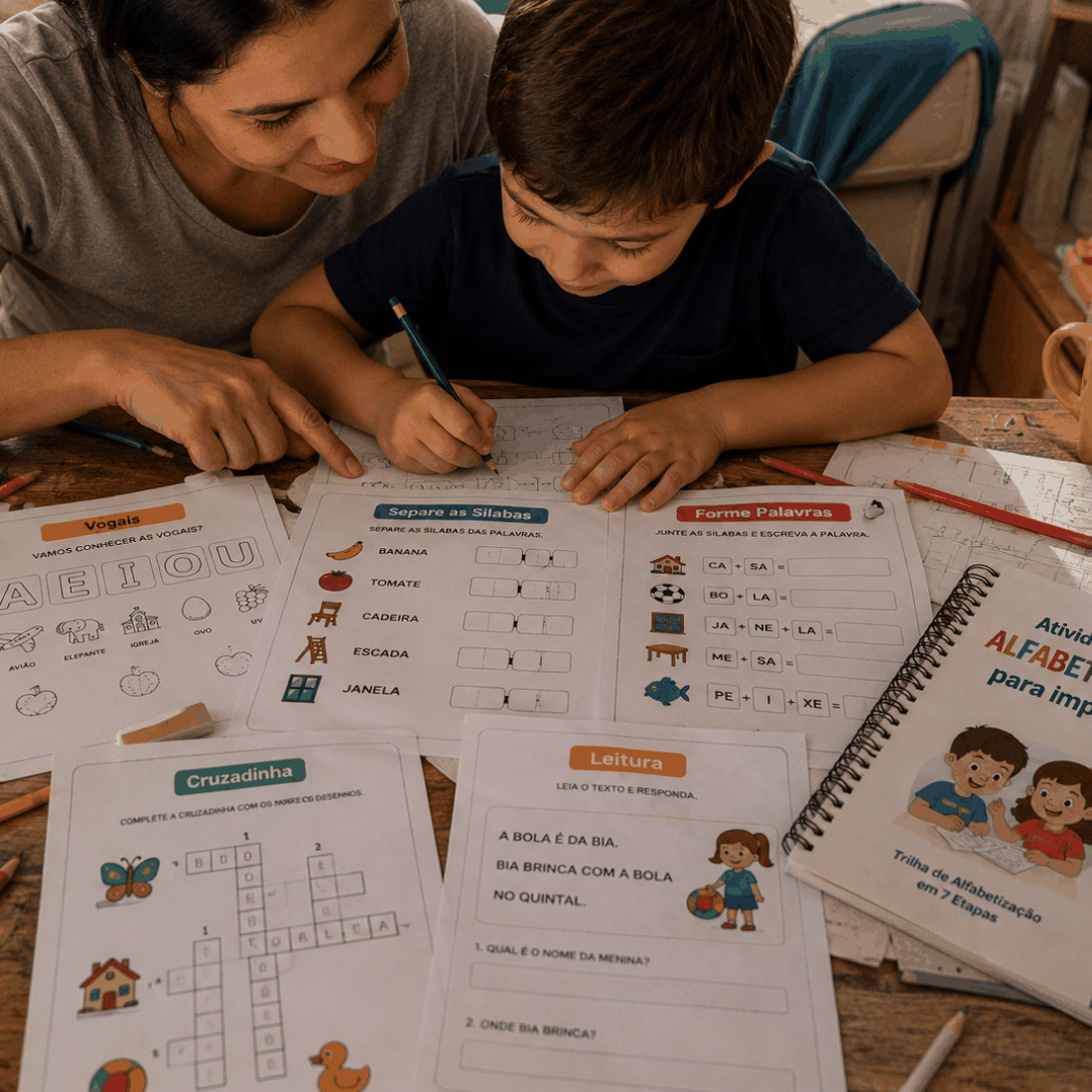 Mãe ajudando a criança nas atividades de alfabetização
