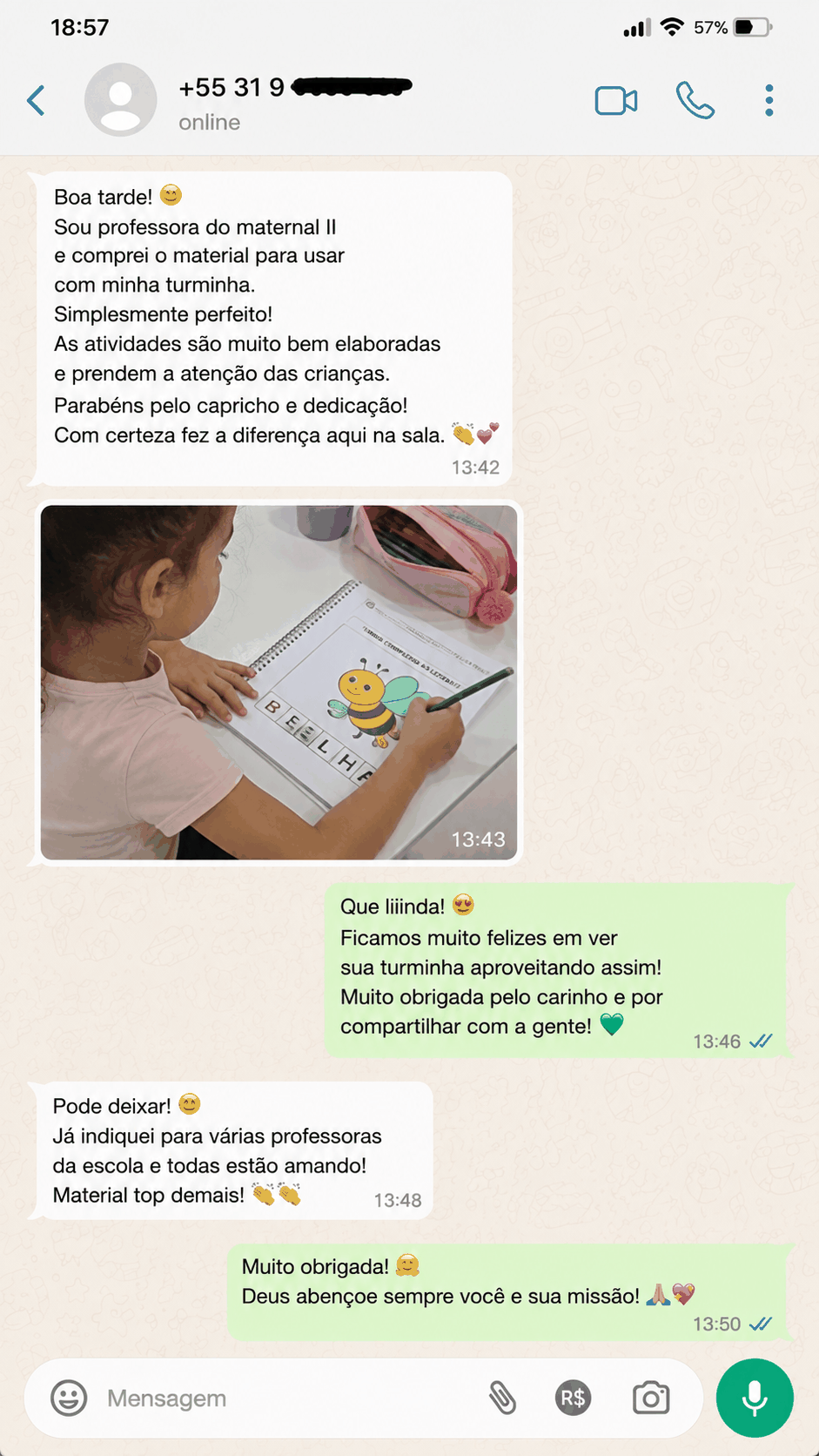 Print de conversa de WhatsApp — professora do Maternal II