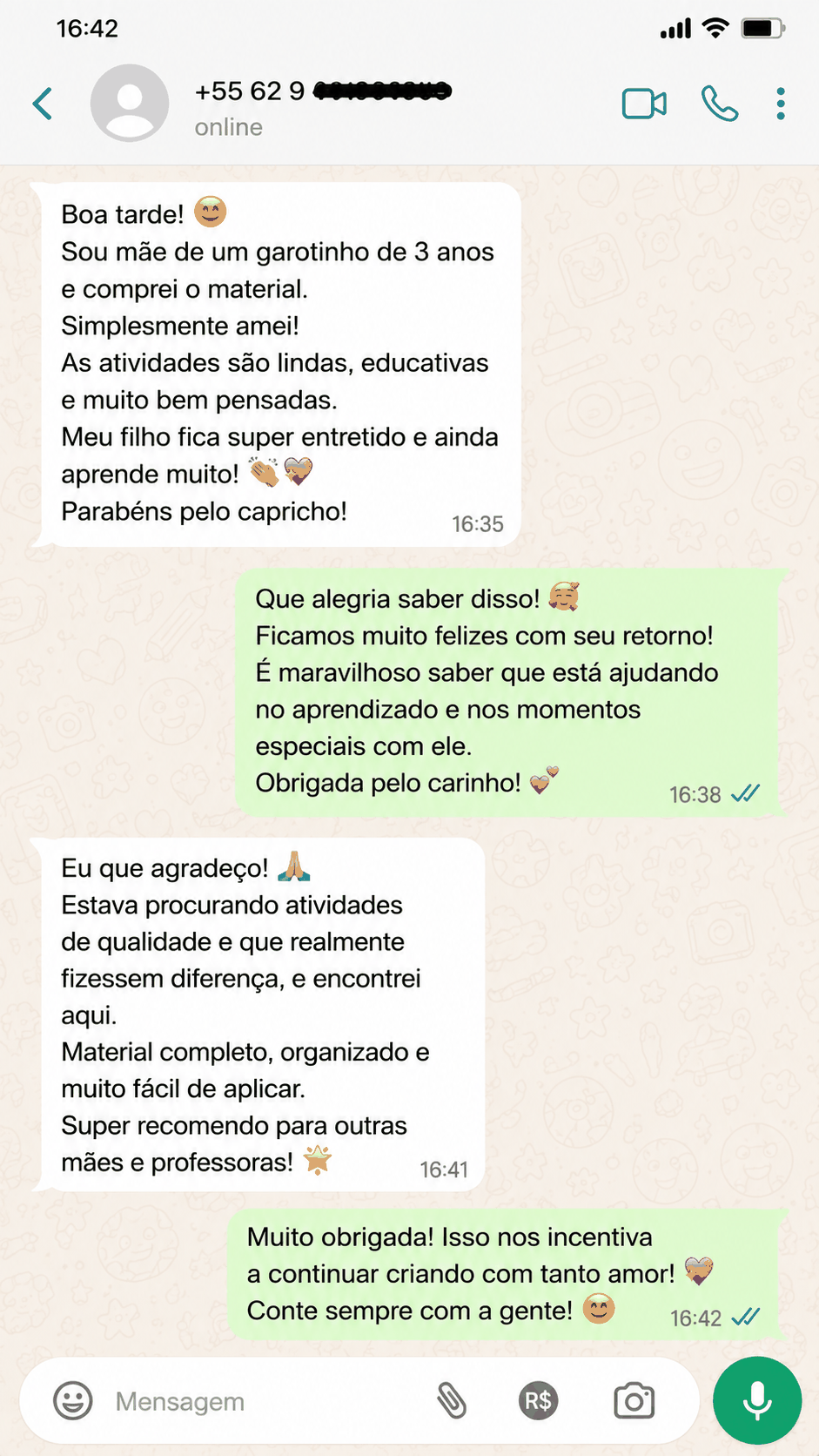 Print de conversa de WhatsApp — mãe de menino de 3 anos